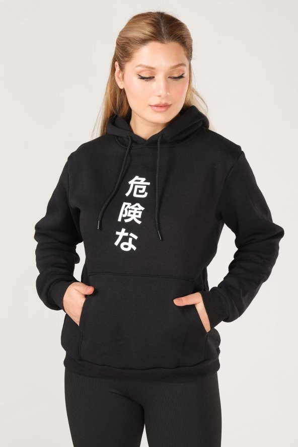 Kadın Kanguru Cep Kapüşonlu Sırt Baskılı Sweatshirt Siyah - 3