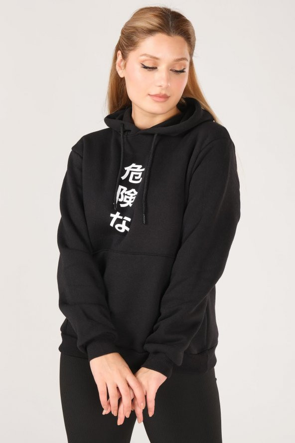 Kadın Kanguru Cep Kapüşonlu Sırt Baskılı Sweatshirt Siyah - 4