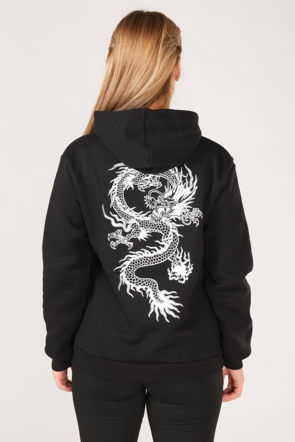 Kadın Kanguru Cep Kapüşonlu Sırt Baskılı Sweatshirt Siyah - 5