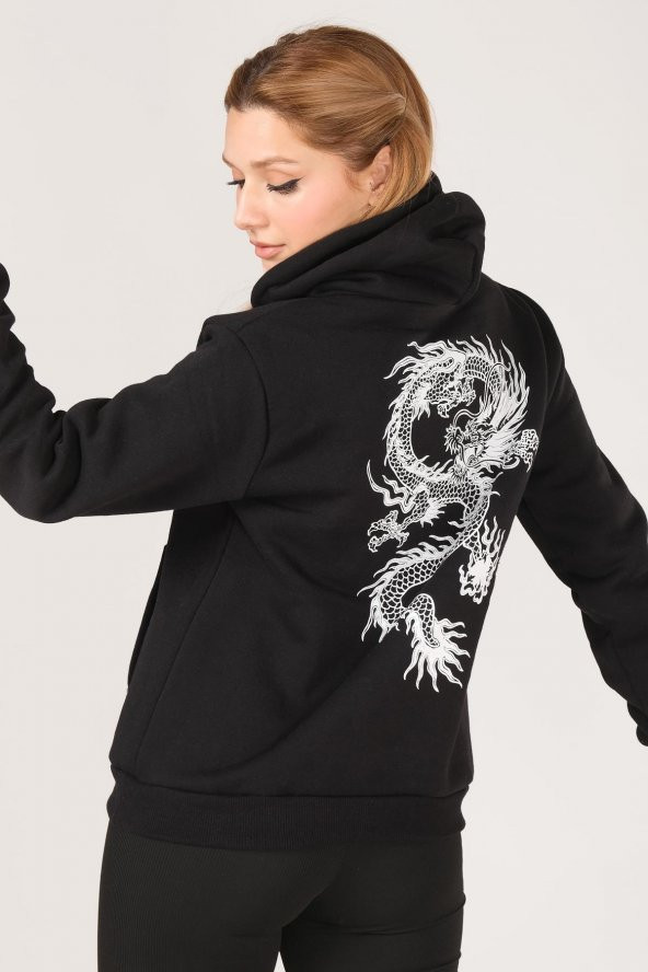 Kadın Kanguru Cep Kapüşonlu Sırt Baskılı Sweatshirt Siyah - 6