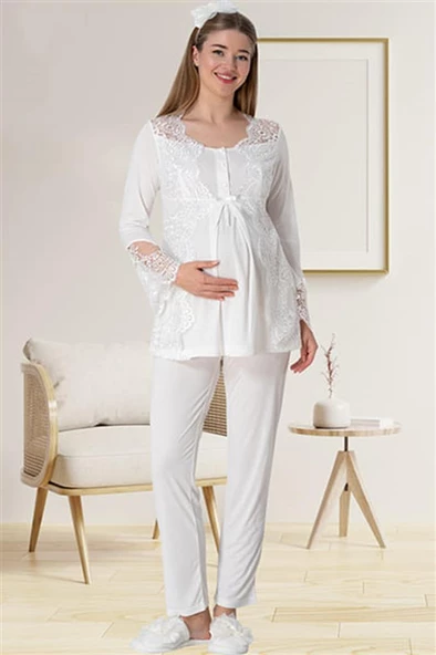 Mecit 5015 Bayan Hamile Lohusa Ekru Dantelli Pijama Takımı - 3
