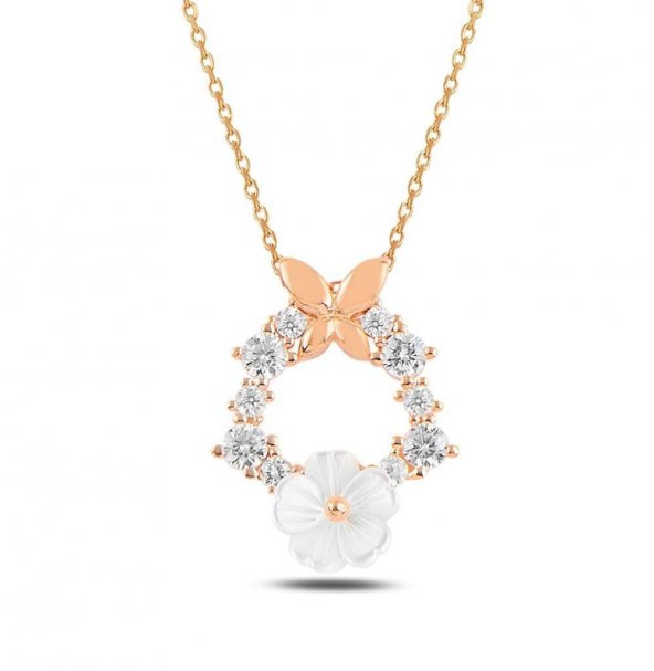 Manolya Çiçeği Kelebek Detaylı 925 Ayar Gümüş Kolye ROSE ürün görseli 1