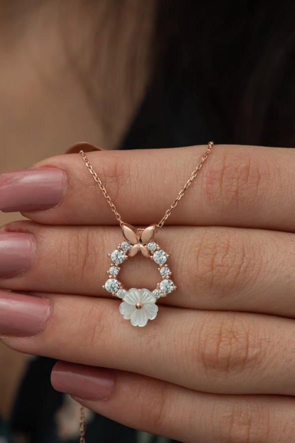 Manolya Çiçeği Kelebek Detaylı 925 Ayar Gümüş Kolye ROSE - Resim 2