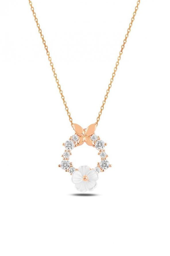 Manolya Çiçeği Kelebek Detaylı 925 Ayar Gümüş Kolye ROSE - Resim 3