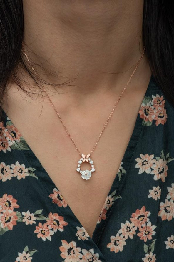 Manolya Çiçeği Kelebek Detaylı 925 Ayar Gümüş Kolye ROSE - Resim 6