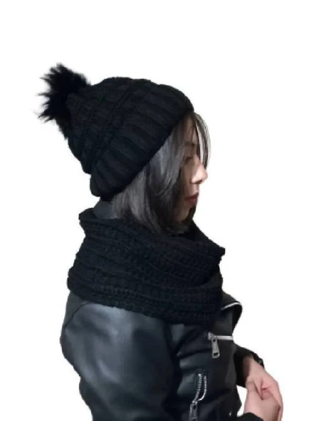 Edwol Kadın Atkı Bere Takımı  Siyah - Resim 2