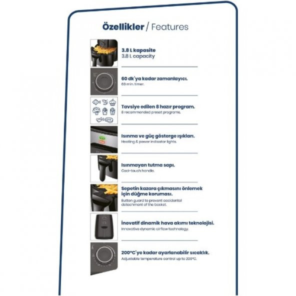 GOLDMASTER GM 7477 VİTAL 3.8L AİRFRYER YAĞSIZ KIZARTMA SICAK HAVA FRİTÖZ - 2