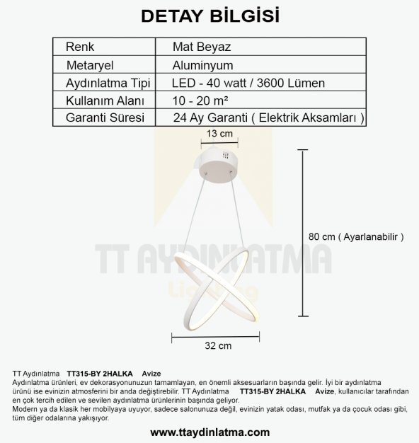 TT315-BY TT Aydınlatma 2Halka Modeli Mat Beyaz Led Avize - 4