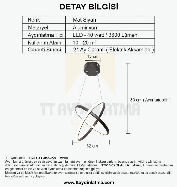 TT Aydınlatma TT315-SY  2Halka Modeli Mat Siyah Led Avize - 4