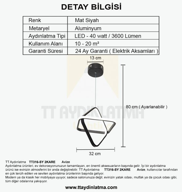 TT316-SY TT Aydınlatma 2Kare Modeli Mat Siyah Led Avize - 4