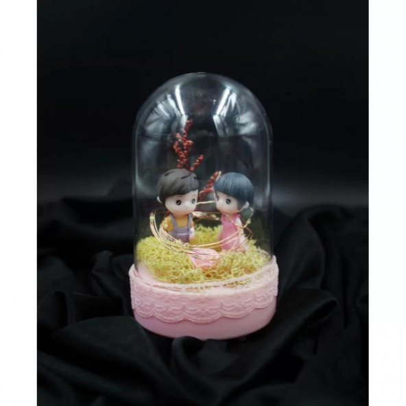 3 Boyutlu Kız Erkek Figürlü Işıklı Pembe Fanus Biblo