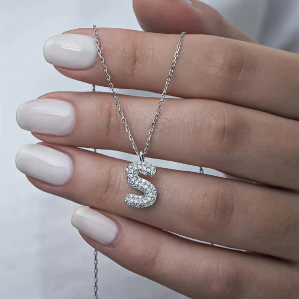 Gümüş Rodyum Kaplama Taşlı Harf Kolye - 3