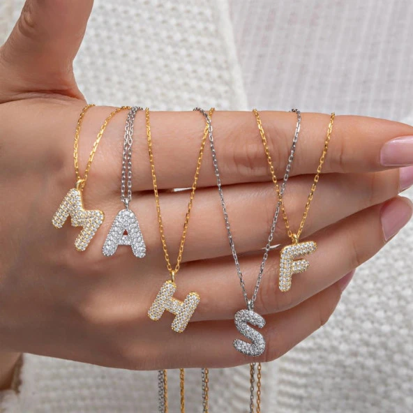 Gümüş Rodyum Kaplama Taşlı Harf Kolye - 7