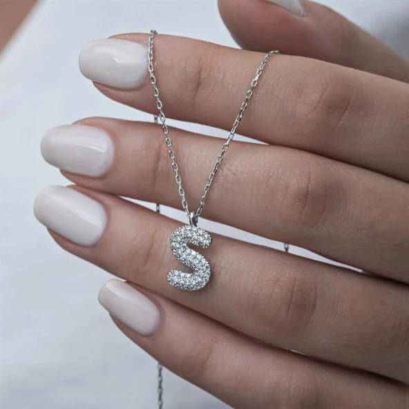 Gümüş Rodyum Kaplama Taşlı Harf Kolye - 12