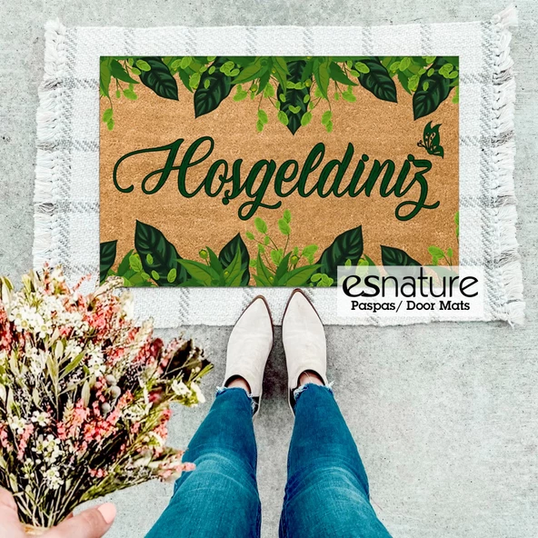 Esnature Yeşil Sarmaşıklı Yaprak Desenli Hoşgeldiniz Yazılı Kapı Önü Paspası 45x70 Cm - 3
