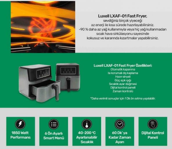 Luxell LXAF-01 Fast Fryer (Yağsız Hava Fritözü / Airfryer) 7,5 Lt XXL - 6