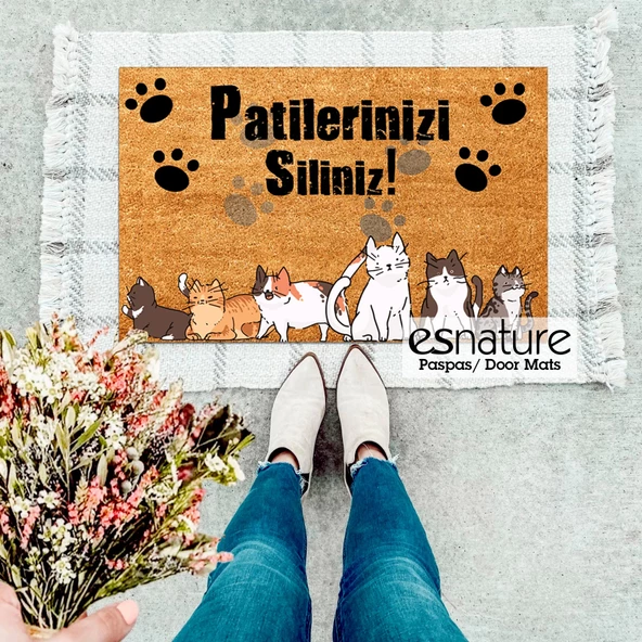 Esnature Kedi Desenli Patilerinizi Silin Yazılı Kapı Önü Paspası 45x70 Cm - 3