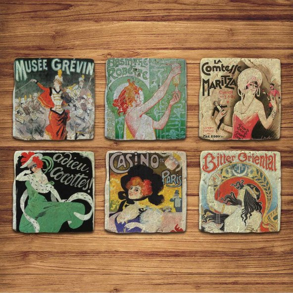 Doğal Taş Bardak Altlığı 6lı Telli Model C (Vintage Tema)