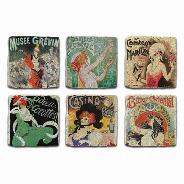 Doğal Taş Bardak Altlığı 6lı Telli Model C (Vintage Tema) - 2