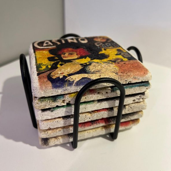 Doğal Taş Bardak Altlığı 6lı Telli Model C (Vintage Tema) - 3