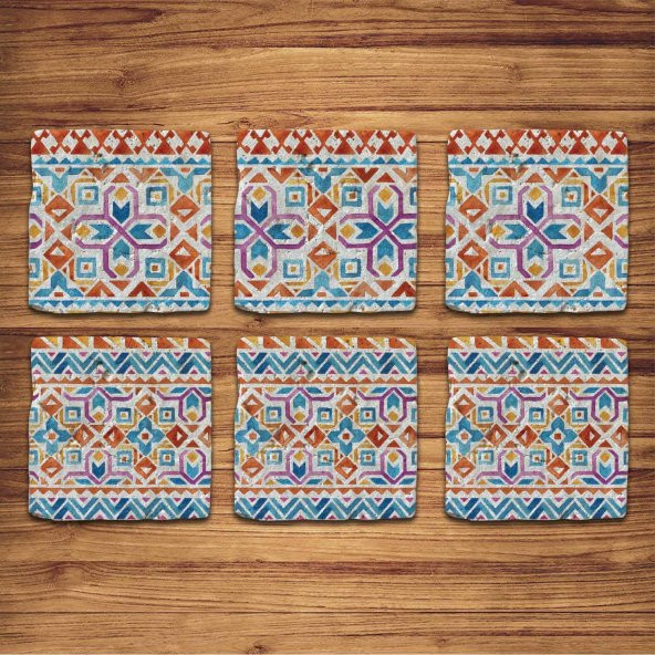 Doğal Taş Bardak Altlığı 6lı Telli Model D (Boho Tema)