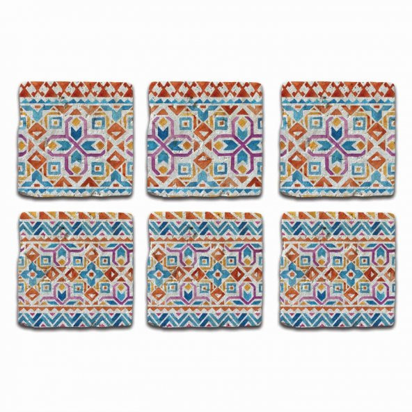 Doğal Taş Bardak Altlığı 6lı Telli Model D (Boho Tema) - 2