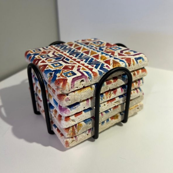 Doğal Taş Bardak Altlığı 6lı Telli Model D (Boho Tema) - 3