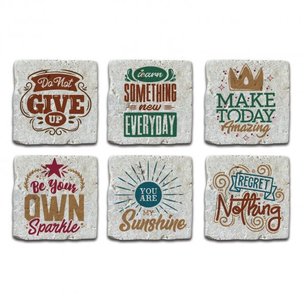 Doğal Taş Bardak Altlığı 6lı Telli Model B (Quotes Tema) - 2