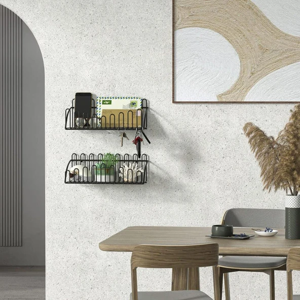 2'li Tel Raf Düzenleyici Çiçeklik Siyah Duvar Raf Seti - 2