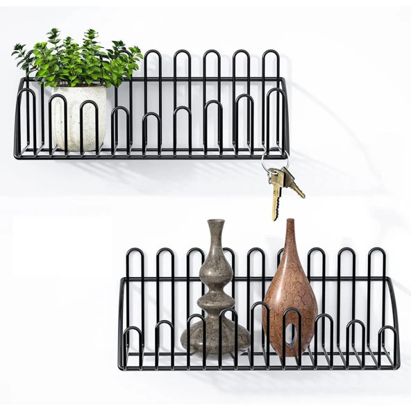 2'li Tel Raf Düzenleyici Çiçeklik Siyah Duvar Raf Seti - 5