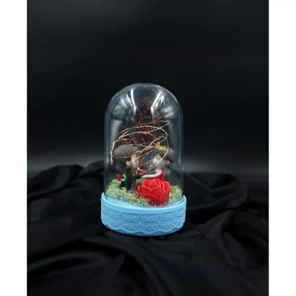 Tatlı Aşıklar Figürlü Işıklı Mavi Fanus Biblo