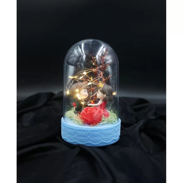 Tatlı Aşıklar Figürlü Işıklı Mavi Fanus Biblo - 2