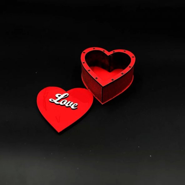 Love Yazılı Kalp Şekilli Ahşap Kırmızı Süs ve Hediye Kutusu