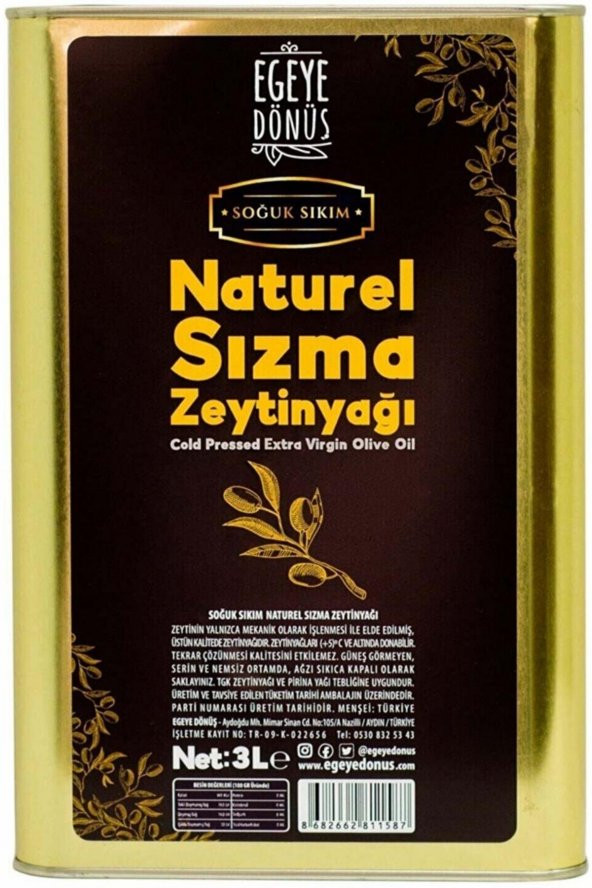 Soğuk Sıkım Natürel Sızma Zeytinyağı Teneke (Yeni Sezon) - 3 Litre