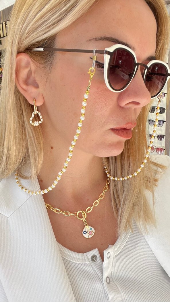 Yuvarlak İnci ve Gold  Gözlük Zinciri - 6