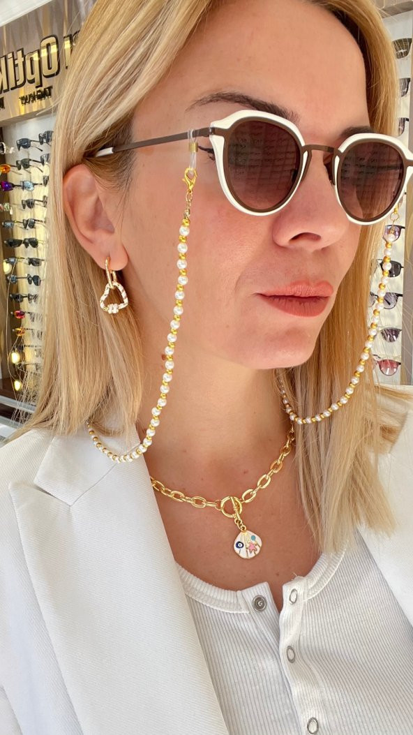 Yuvarlak İnci ve Gold  Gözlük Zinciri - 8