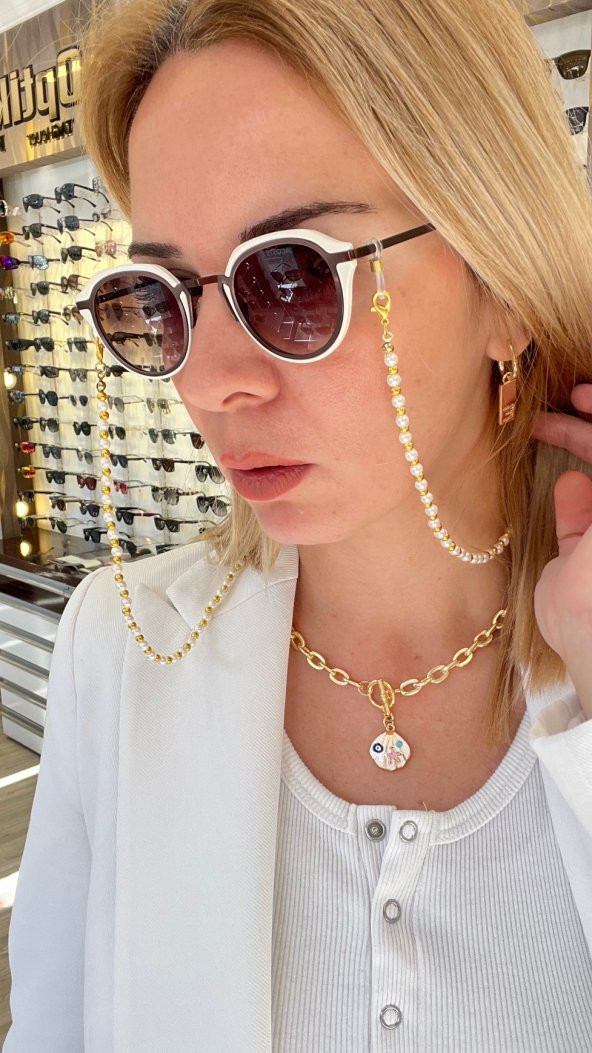 Yuvarlak İnci ve Gold Gözlük Zinciri - 2