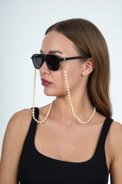 Yuvarlak İnci ve Gold  Gözlük Zinciri - 9