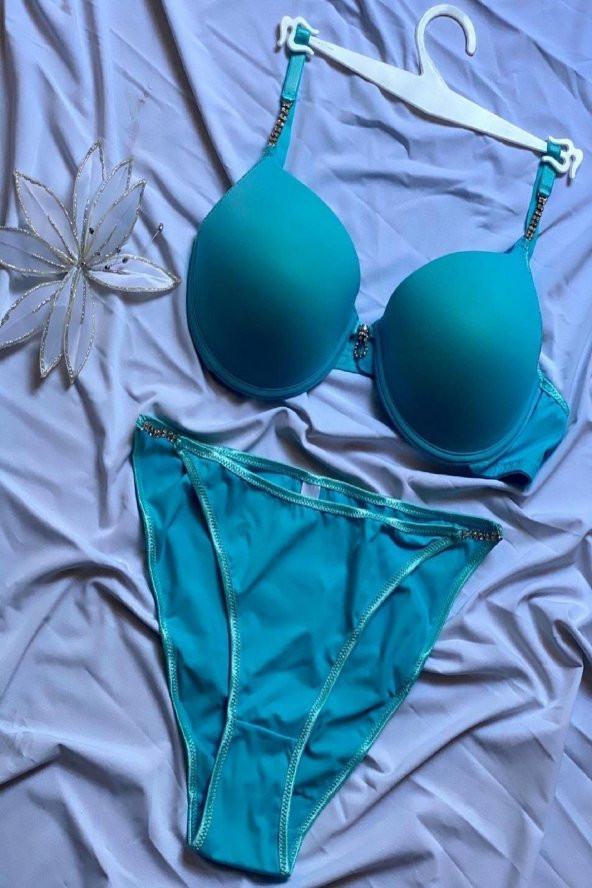 Dolgulu Push-up Taş Detaylı Mavi Sütyen Takımı