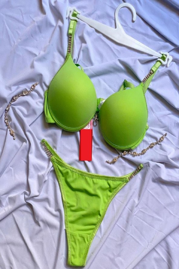 Dolgulu Push-up Taş Detaylı Yeşil Sütyen Takımı