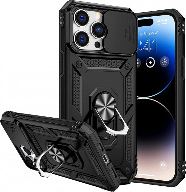 KNY Apple İphone 14 Pro Kılıf Ultra Korumalı Yüzüklü Manyetik Sürgülü Vega Kapak Siyah