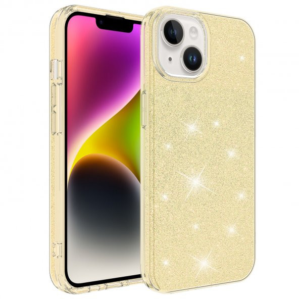 KNY Apple İphone 14 Plus Kılıf Simli Parlak Shining Silikon Gold