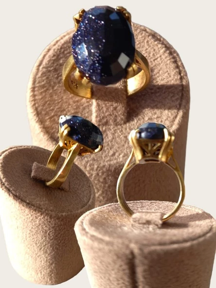 Lacivert - Yıldız Taşlı Pirinç Yüzük - 16,5 Numara - Bakır Renk