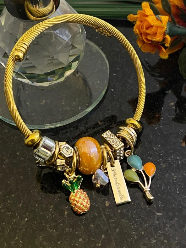 Aksesuar Çarşısı Ananas Ve Balon Detaylı Charm Bileklik Gold - 1