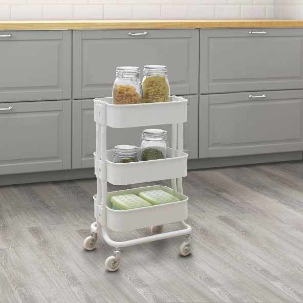 Çelik-Beyaz Servis Arabası 38x28x65 cm IKEA Banyo Düzenleyici-Raf Ünitesi Tekerli Meridyendukkan - 2