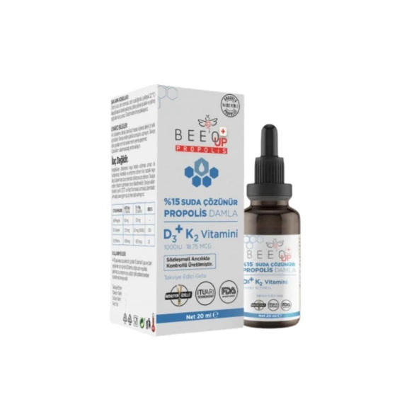 15 Suda Çözülür Propolis Damla D3+K2 Vitamini İçeren Takviye Edici Gıda 20ml