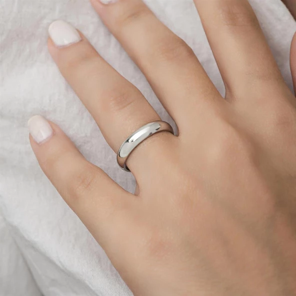 4 mm Bombeli Klasik Düz Rodyum Kaplama Tek Gümüş Alyans Yüzük - Resim 6