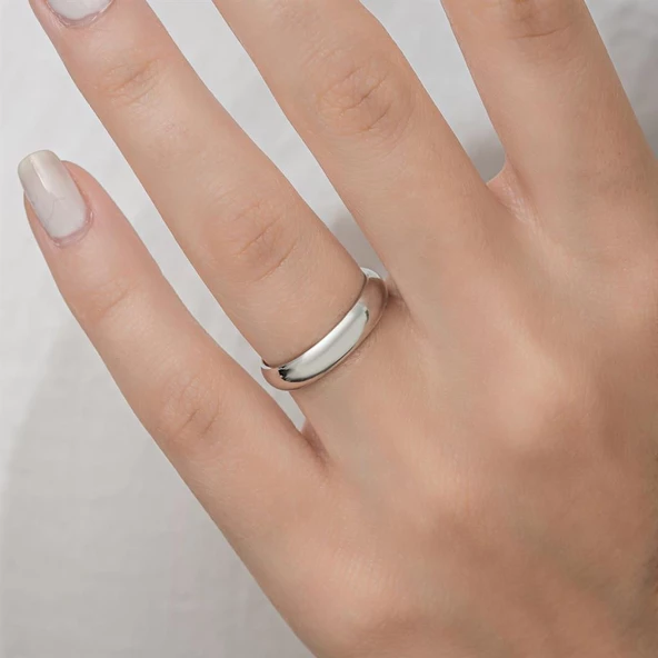 4 mm Bombeli Klasik Düz Rodyum Kaplama Tek Gümüş Alyans Yüzük - Resim 10