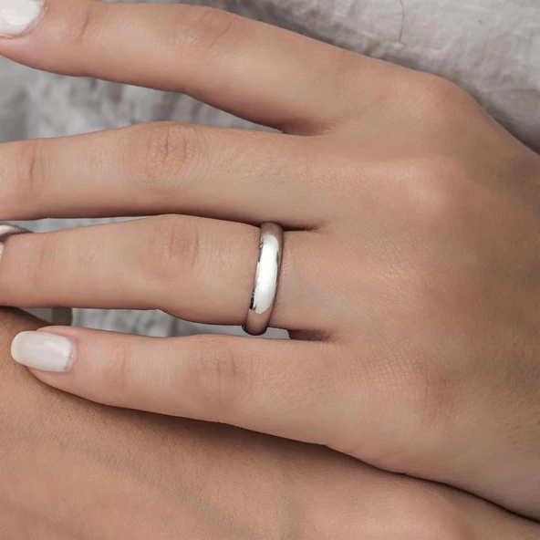 4 mm Bombeli Klasik Düz Rodyum Kaplama Tek Gümüş Alyans Yüzük - Resim 8