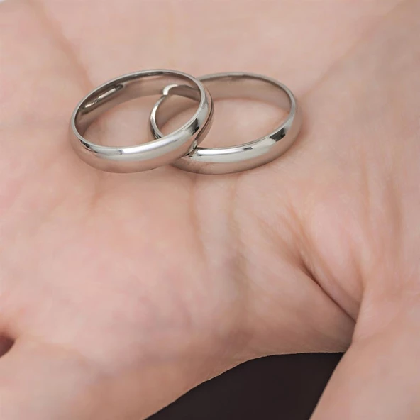 4 mm Bombeli Klasik Düz Rodyum Kaplama Tek Gümüş Alyans Yüzük - Resim 5